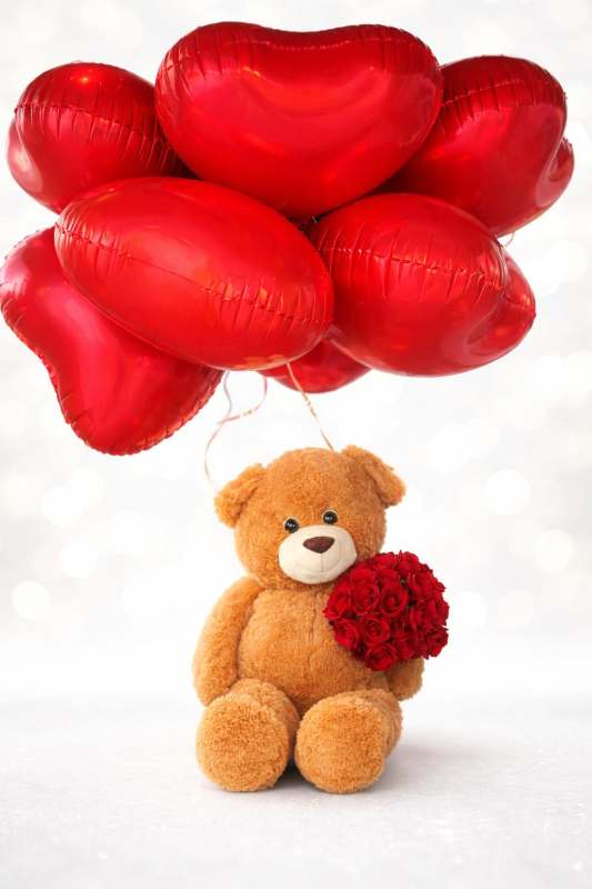 Kalp Balonlu  Pelüş Ayıcık & 20 Kırmızı Gül